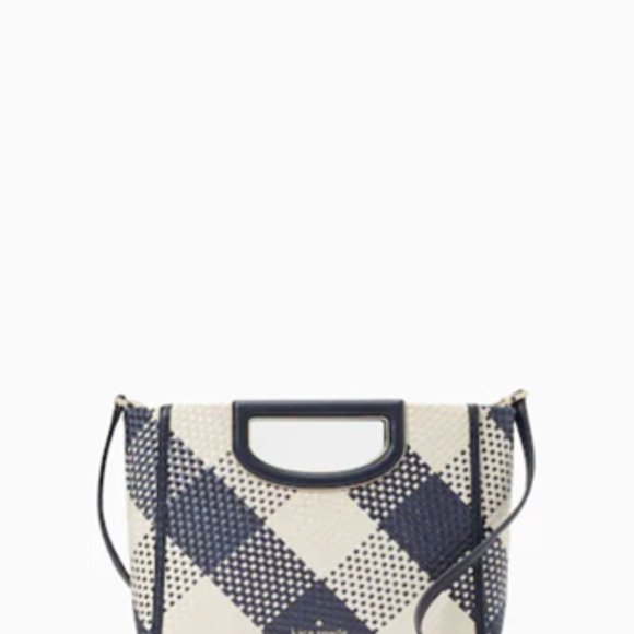 KATE SPADE NWT Gingham Woven Straw Clutch/Crossbody in Navy Blue & Ivory Alexia - Picture 2 of 16